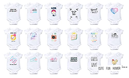 Ekoi Iron On Baby Transfers For Baby Shower - Cute Appliques Decals Patches Fun Phrase Quotes Words For Babies Bodysuit Clothes Toddler Boy Girl Clothing Decorating Kit - 18 Designs Set C #TOP5