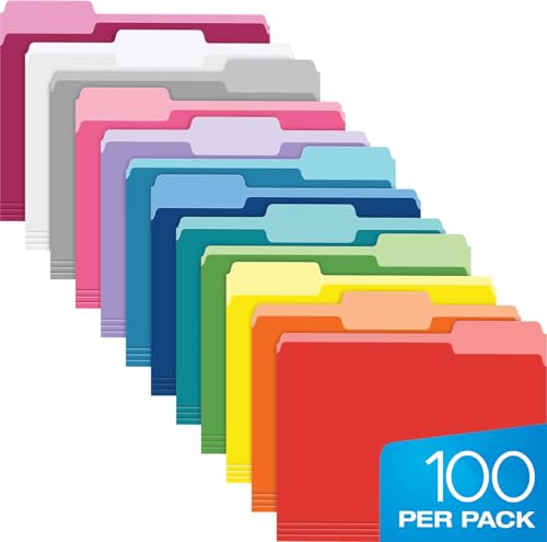 Pendaflex Colored File Folders Letter Size - 100 Pack of 12 Assorted Color Folders for Documents - 1/3-cut Tabs.