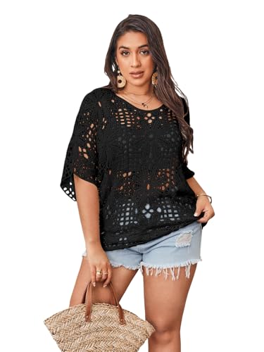 Image of BEAUDRM Women's Plus Size Floral Crochet Tops Hollow Out Boat Neck Sweaters Dolman Sleeve Oversized Knit Top
