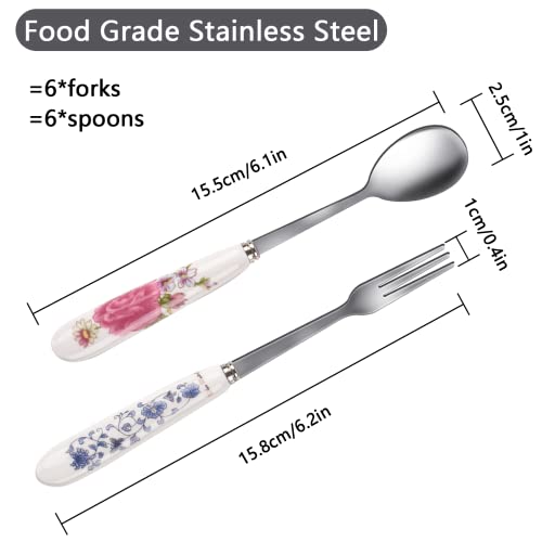 12 Pieces Forks and Spoons with Ceramics Handle, Stainless Steel Utensils Dessert Spoons and Forks Set for 6, Cutlery Set with Flower Pattern, Flatware Sets for Home Restaurant and Kitchen