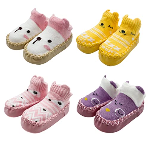 Fedmois 4 Pairs Baby Boys Girls Non-Skid Indoor Slipper Shoes Socks, Foxes & Bears, 6-12 Months #TOP4