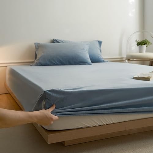 Beydodo Sábanas Bajera Cama 3 Piezas 135 x 200 CM x 30 CM + 2 Fundas Almohada,Terciopelo Protector Funda de Colchón Color Sólido Azul
