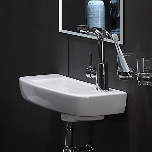 Petite vasque lavabo mural céramique blanche robinet et drain à droite