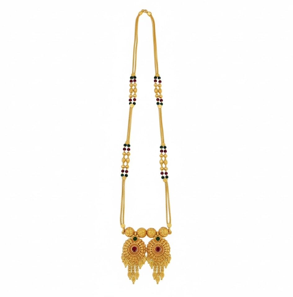 Gold Plated 30 Inch Long Black Bead Lamba Vala Maharashtrian 2 Vati Designe Heavy Chain Mani Mangalsutra-image-13