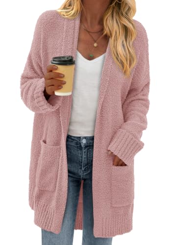 KIRUNDO Womens Long Chunky Fuzzy Knit Cardigan 2026 Fall(Pink, L)
