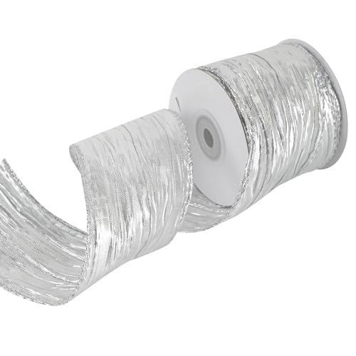 MEEDEE Silver Metallic Wired Ribbon 2.5 Inch Metallic Silver Trim Crinkle Wired Ribbons Silver Ribbon for Gift Wrapping Christmas Tree Wreath Supplies Large Bow Making (10 Yards)