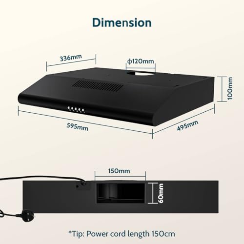 FIREGAS Dunstabzugshaube 60cm für Umluft- oder Abluftbetrieb, Unterbauhaube 60cm mit Bürstenloser motor, 3 Leistungsstufen, LED Beleuchtung, Abzugshaube Abluftleistung 250 m³/h, Schwarz