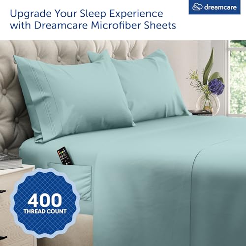 Image of DREAMCARE King Size Sheets Set - 4 pcs Breathable Cooling Sheets - up to 15 inch Deep Pocket King Sheet Set with Side Pockets - Extra Soft 100% Brushed Hypoallergenic Hotel Luxury Bedding Spa Blue
