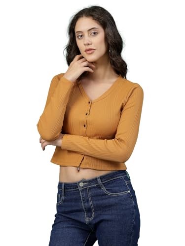 Image of Rigo Casual Wear V Neck Rib Knit Top for Women | Slim Fit Long Sleeves Western Tops for Women