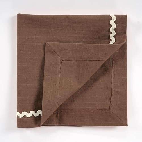 Image of FINGERCRAFT Cloth Napkins Set of 6, 18x18 Inch, 100% Cotton Table Napkins with RIC Rac Scallop Lace Trim, Reusable Washable Dinner Napkins for Wedding, Party, Dining & Home Decor (Chocolate)