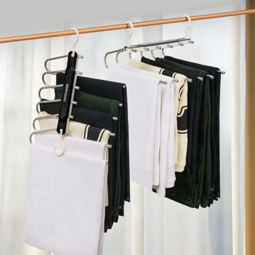 Kimigo Lot de 2 cintres 6 en 1 - Acier inoxydable - Pliable et antidérapant - Pantalons, jeans, écharpes, serviettes, organisateurs - Noir