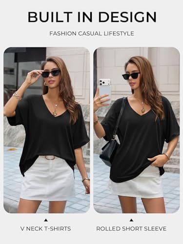 Image of UNCLECAT Womens V Neck Oversized T-Shirts Summer Short Sleeve Loose Tops | Plus Size, Rolled-up Sleeves, Trendy Fashion Clothes, Deep V Neck, Casual Basic Tee