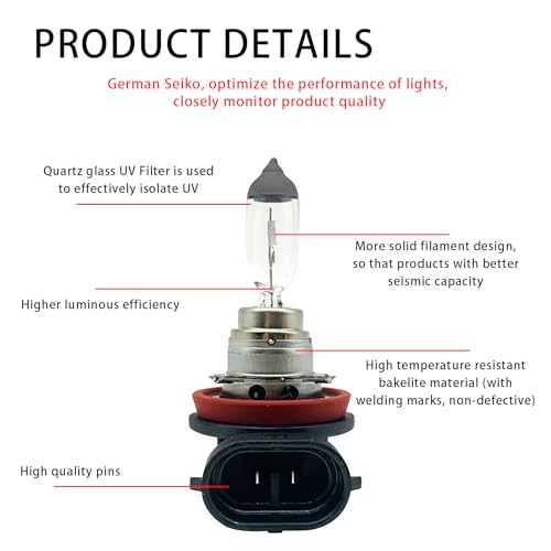 leediga 2 PCS H11-55W Car Halogen Bulb, 12V Ultra-bright Beam Low/High Beam Fog Light Replacement, Plug and Play Quartz Lamp All-in-one Bulb, Universal Lighting Accessories for Cars (White) - Thumbnail 3