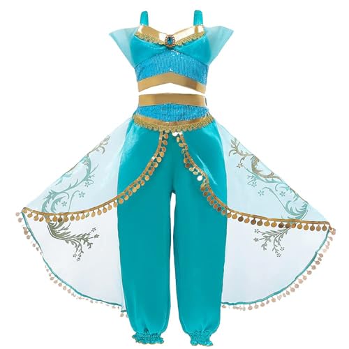 AUTOWT Belly Dance Desert Princess Costume, Sequined Princess Dress Up Cosplay Halloween Party Sleeveless Exotic Royalty Outfit Dress Cyan Skirt for Girls