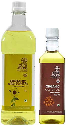 Image of Phalada Pure & Sure Organic Sunflower Oil | Sunflower Oil for Cooking | High in Antioxidants, Delicious & Healthy Sunflower Cooking Oil (1 Litre), Yellow & Pure & Sure Castor Oil, 500ml