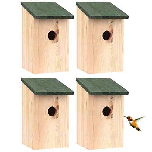 Image of 4 x Bird House Wooden Wild Small Wood Nesting Box Nesting Handy Home Garden Pressure Treated for Wild Birds with Traditional Hinged Roof