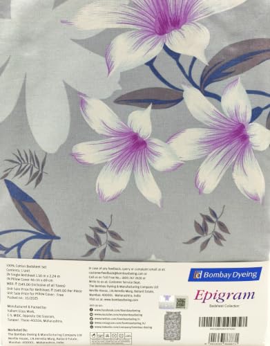 Image of Bombay Dyeing Epigram Printed Single Bed 100% Cotton Bedsheet Collection - (224X150) (F. Grey)