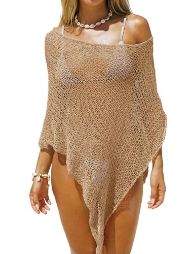 Saodimallsu Womens Sheer Cover Ups Lightweight Crochet Knit Mesh Shrug Summer Trendy Batwing Sleeve Boho Poncho Tops Khaki