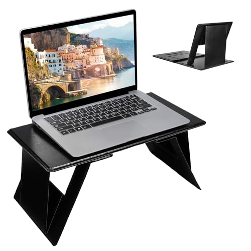 PRETYZOOM Foldable Laptop Stand & Tablet Holder for Desk, Portable Laptop Desk for Travel and Home Office, PU Leather Non-Slip Surface, 4 Adjustable Ergonomic Angles