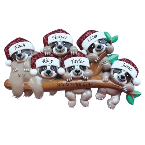Holiday Treasures 2026 Custom Family of 6 Sloth Christmas Ornament