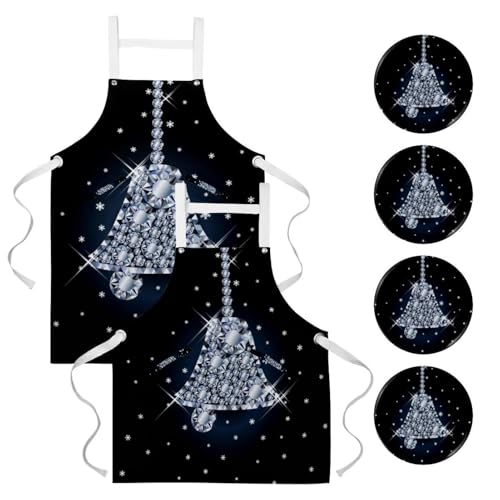 Tablier de cuisine haut de gamme avec broche cloche de Noël de luxe en diamant en lot de 2