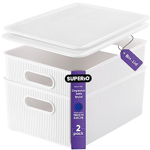 Superio Ribbed Collection - Decorative Plastic Lidded Home Storage Bins Organizer Baskets, Large White (2 Pack - 15 Liter) Stackable Container Box, For Organizing Closet Shelves Drawer Shelf #TOP10