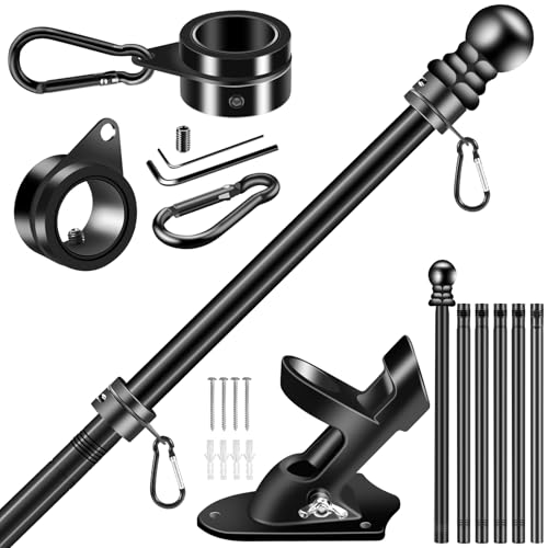 BONWIN Black Flag Pole Kit for Outside House, 7 FT Thickened Stainless Steel Wall Mount Flagpole for 3x5'/4x6' Flag, 1" Anti-Wrap Spinning Metal Flag Ring Clips & 2-Position Bracket Holder for Porch