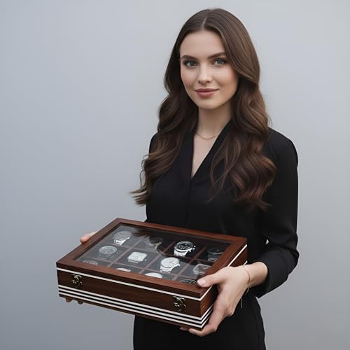 Image of Vintage Wooden Watch Box for Men, Timepiece Storage & Organizer, Watch Display Case, Jewelry Box for Women, Anniversary Gift for Husband (12 Grooves Lining WDB (Rosewood))