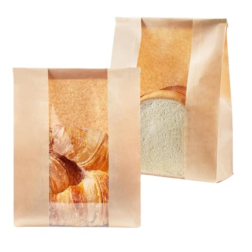 100 bolsas de pan con calcomanías de sellado, bolsas de pan para caseras, bolsas grandes de papel kraft para sándwich, bolsa de tostada a prueba de grasa para tostadora con parte delantera