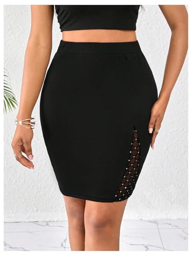 OYOANGLE Women's Pencil Skirt Rhinestone High Waisted Bodycon Work Office Short Skirts2