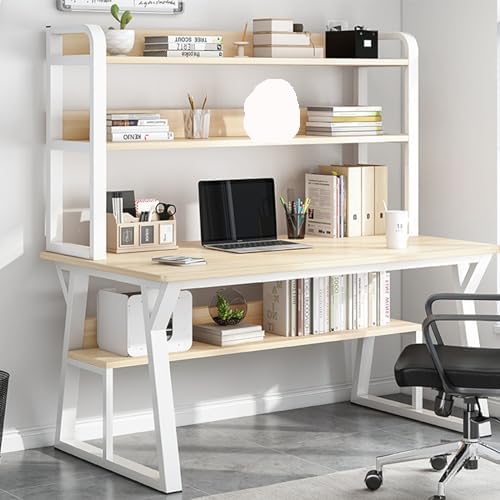 HTDRE Space Saving Computer Desk with Hutch, Metal Frame Study Table with Bookshelf, Sturdy Home Office Workstation for Bedroom Dorm, Easy Assembly