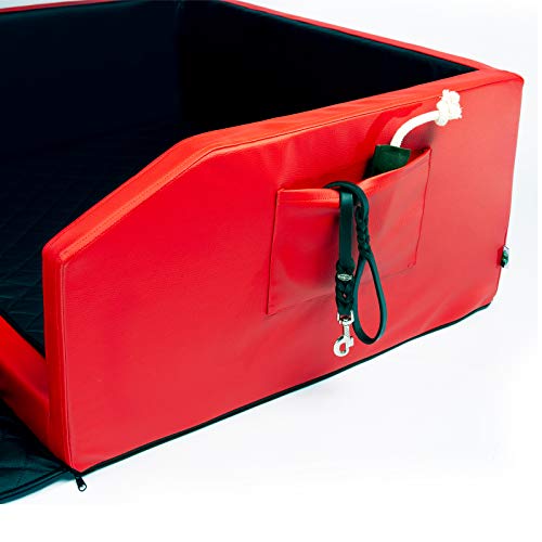 Hundebox Auto Kofferraumschutz Hund mit ladekantenschutz Kofferraum【Mit Tasche】 Kofferraum schutzmatte herausnehmbar -Hunde Autositz mit Anschnallsystem, hundetransportbox 90x70x38cm Rot/Schwarz