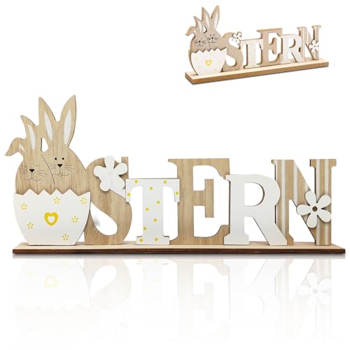 LETSHOLD Ostern Schriftzug Aufsteller Deutsch, Osterdeko Holz Schriftzug mit Osterhasen, Osterdeko zum Hinstellen für Kinder Ostern Frühling Geschenk Party Tischdeko (A)