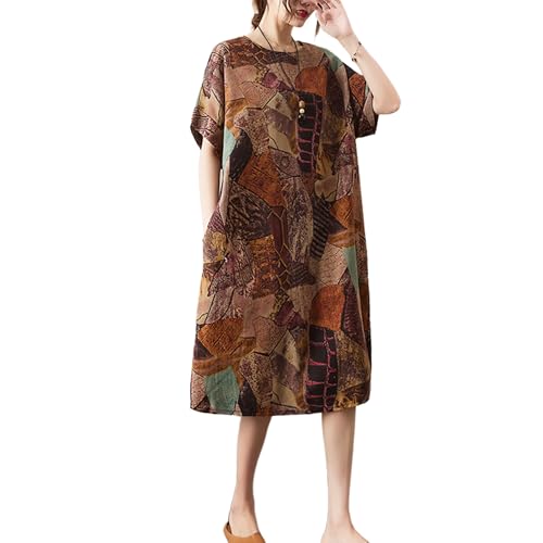 Image of LUZU JUNU Women's Summer Baggy Plus Size Loose Cotton Linen Long Boho Beach Dress with Pockets
