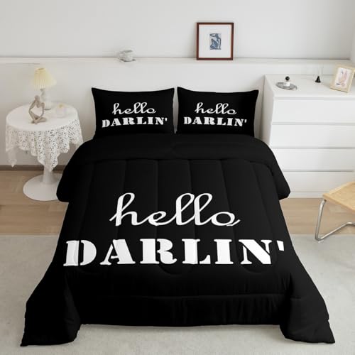 Image of Feelyou Kids Full Size Hello Darlin Bedding Set Western Black Comforter Set Funny Western Retro Comforter for Kids Boys Girls Rustic Duvet Insert 2Pcs