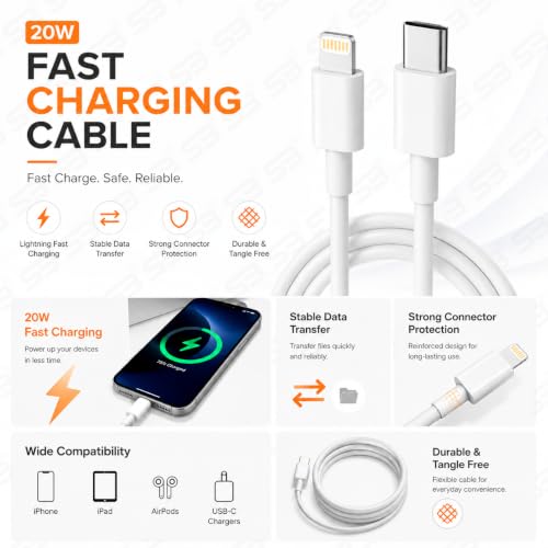 Image of SB USB C to Lightning Cable 1M, 20W PD Fast Charger Cable & 480Mbps Data Sync Cord for iPhone 14 /14 Pro Max /13 /13 Pro /12 /12 Pro Max /11 /11 Pro /XS Max /XR /X /8 Plus /iPad /AirPods