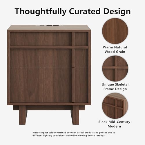 Image of Mid Century Modern Nightstand Set of 2 with Charging Station, Nightstand with Skeleton Line & Wood Grain, Bedside Table with Drawers Storage, End Table for Bedroom, Living Room, Walnut