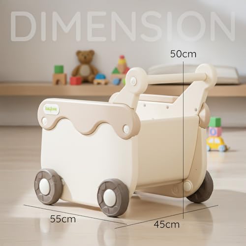 Image of Baybee 2 in 1 Push Walker with Shopping Cart for Kids | Smooth Rolling Wheels, Rounded Edges, WideToy Storage Organizer | Walking Support for Baby Boys & Girls 0-3 Years (White & Brown)