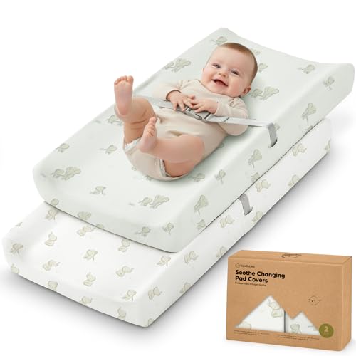Image of 2-Pack Organic Changing Pad Covers for Girl, Boy, Neutral - 100% Cotton Changing Table Pad Cover, Soft Baby Nursery Diaper Changing Pad Sheets, Contour Changing Pads Liners, Change Pad Cover(Elly)