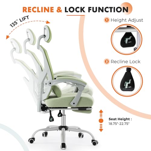 Image of Sweetcrispy Office Computer Desk Chair, Ergonomic High-Back Mesh Rolling Work Swivel Chairs with Wheels, Comfortable Lumbar Support, Comfy Arms for Home, Bedroom, Study, Student, Green
