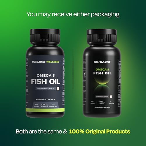 Image of Nutrabay Wellness Omega 3 Fish Oil 1000mg per Capsule, 180mg EPA, 120mg DHA - Vision, Memory, Heart, Skin & Hair Support, No Fishy Aftertaste - 60 Softgel Capsules | Tested for Purity | 100% Authentic