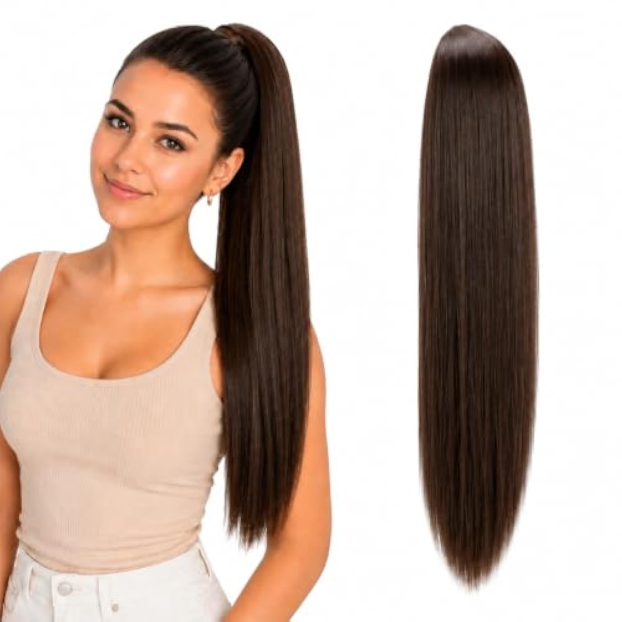 22" Hairpiece Ponytail Extension, Drawstring Voluminous Straight Brown