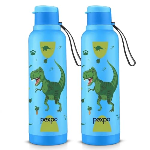 Image of Go24 pexpo Sonnet 700 PU Insulated Stainless Steel Water Bottle for Kids - 500ml (Pack of 2) | Flip-Top Cap | Leakproof & BPA Free| Carry Strap | for School, Picnic, Outdoor - Blue Dinosaur Print