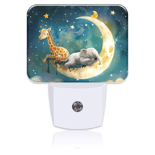 Image of Cute Giraffe and Elephant Sleeping On Moon Night Light for Kids, LED Night Light Plug into Wall with Dusk to Dawn Sensor for Girls Boys Women Men Room, Hallway, Kitchen, Bathroom, Stairs Decor