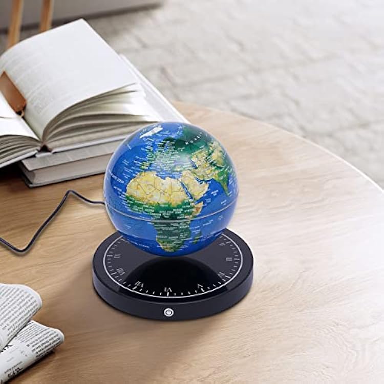 6'' Magnetic Levitating Floating Globe with 7-Color LED Light & Blue Clock Base, Blue Topography Globe, Auto-Rotating World Map for Children Educational Gift/Teaching Tool/Home Office Desk Decor
