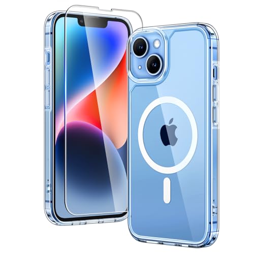 TAURI Coque Magnétique pour iPhone 13/14[Protection Militaire] avec Protection D'écran en Verre Trempé [Compatible avec MagSafe] -Coque Mince 6,1 Pouces-Transparent