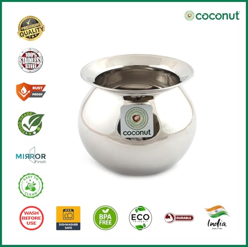 Image of Coconut Stainless Steel Heavy Gauge Pongal Pot | Gundu Balloon Handi | Multipurpose Steel Cooking Vessel | Rust Resistant, Durable Kitchen Pot for Daily & Festival Use (3000ml)
