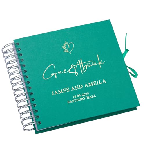 Personalised Wedding Guestbook with Delicate Heart Foil Design, 20.3 x 20.3 cm, Spiral Binding, Multiple Colours (Emerald Green)