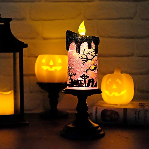 Image of Eldnacele Halloween Snow Globe Candles Lighted Lamp, Battery Operated Spinning Water Glittering Tornado Flameless Candles Table Centerpiece for Halloween Celebration Parties, Ghost