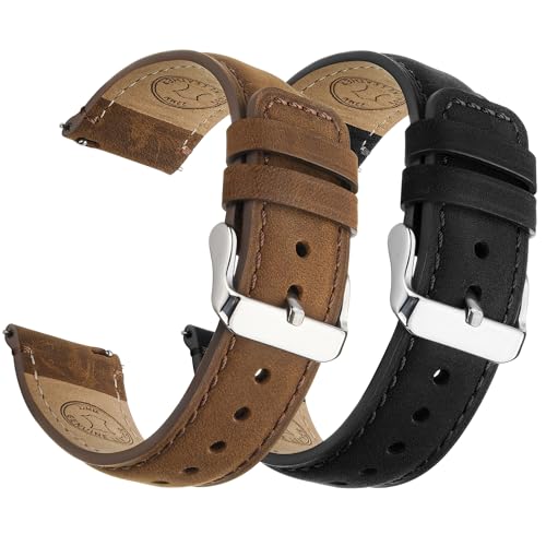 Image of Fullmosa 2 Pack 20mm Leather Watch Bands Quick Release Watch Strap for Men Women, Soft Replacement Strap Wristband with Stainless Steel Buckle,20mm Saddle Brown&Silver /Black&Silver | 2 Pack Straps for Vivoactive 6 /5, Venu Sq /Sq 2, Samsung Galaxy 7 /6 /5, Gear S2 Classic, Saddle Brown+Silver /Black+Silver